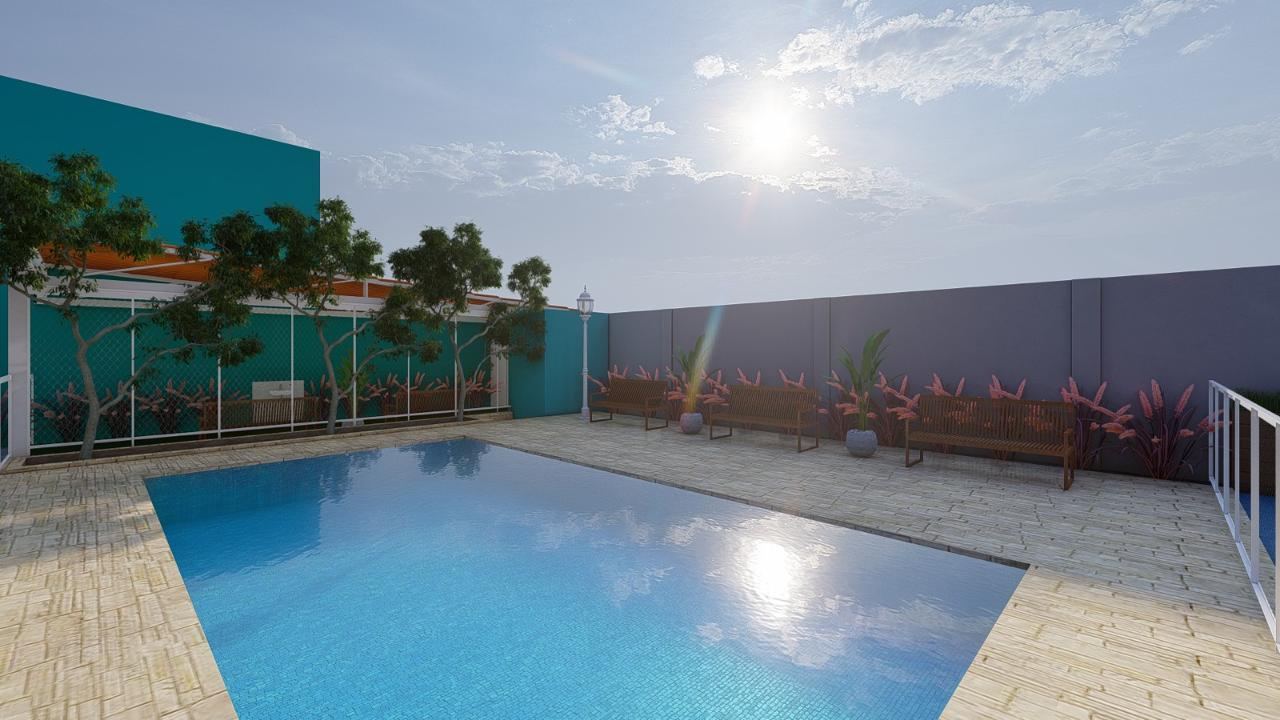 Piscina, com área de descanso para as famílias